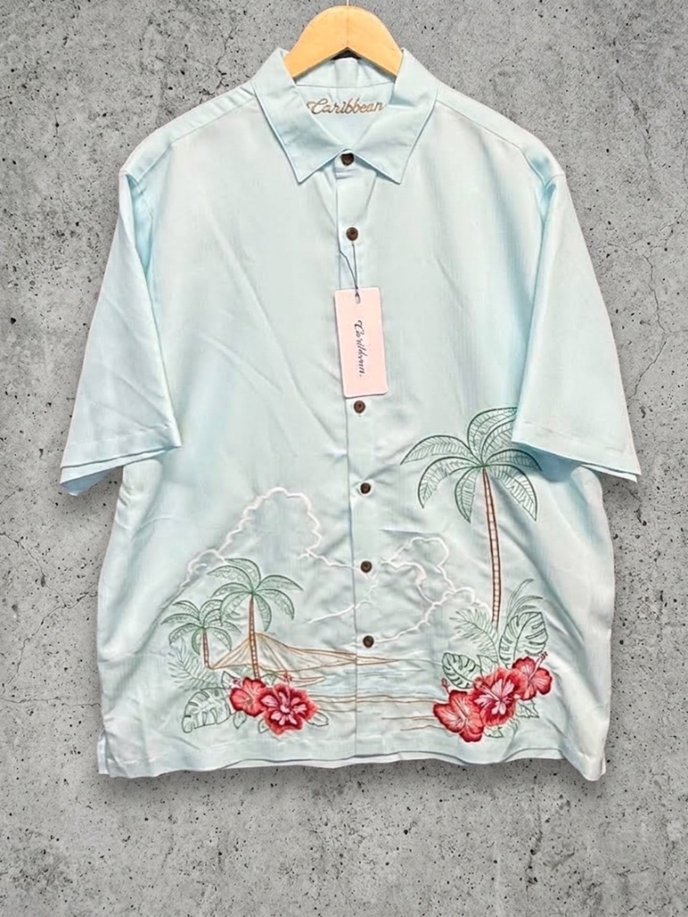 NWT Caribbean Men XL Light Blue Green Hawaiian Camp Shirt Embroidered Beach